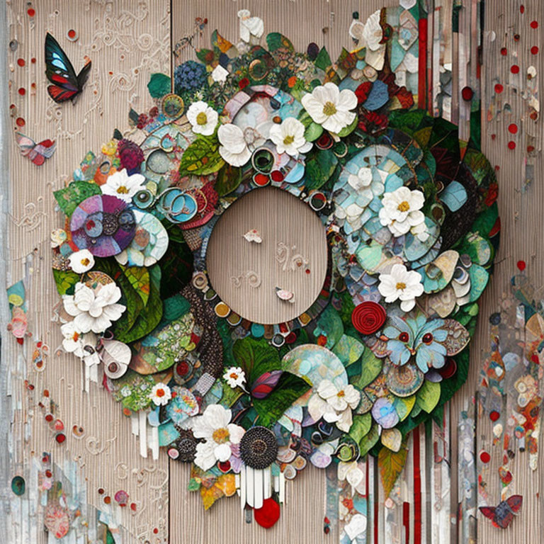 Colorful paper art wreath with floral and butterfly motifs on textured backdrop