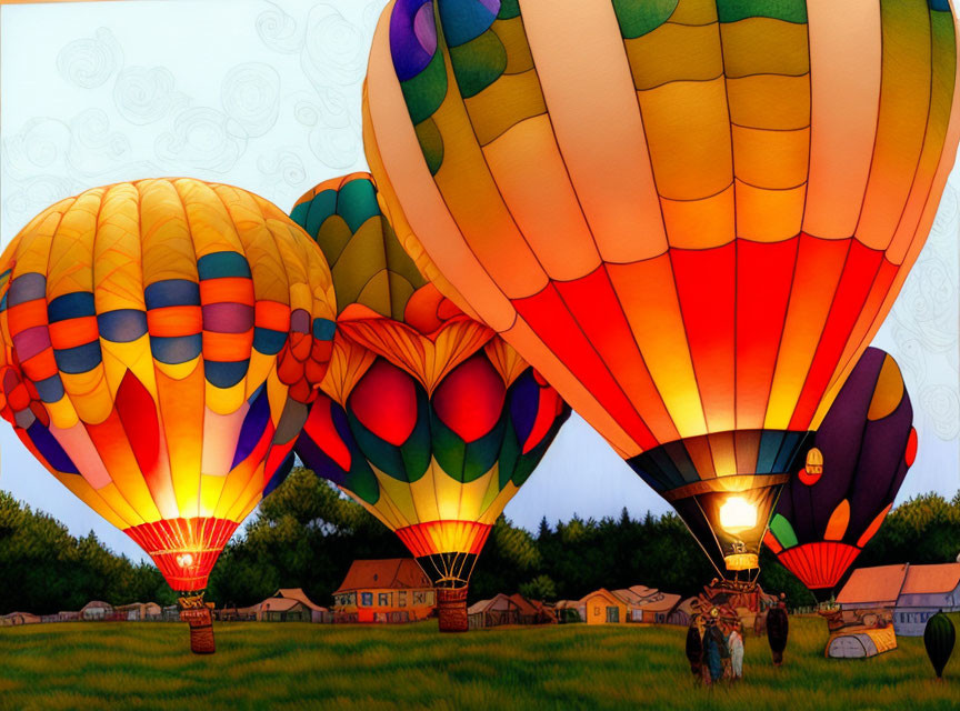 Colorful hot air balloons at dusk with people and houses in the background