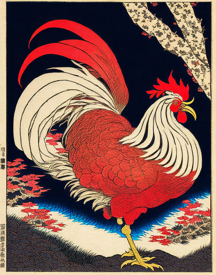 Colorful Japanese Woodblock Print of Rooster in Nature