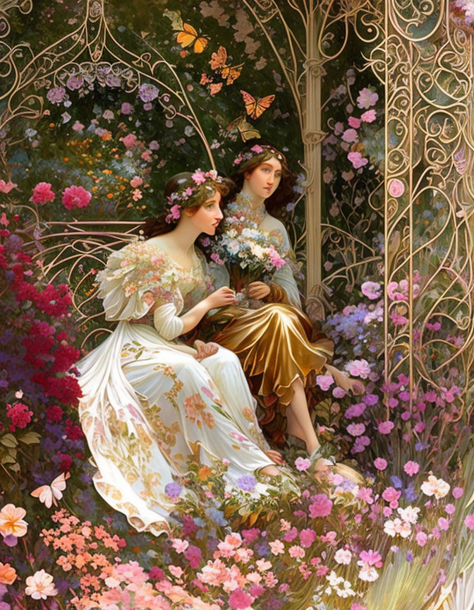 Ethereal women in gowns amid vibrant flowers and butterflies under ornate archway