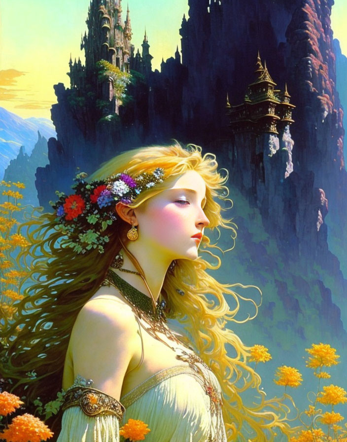 Ethereal woman with floral headpiece in fantastical landscape