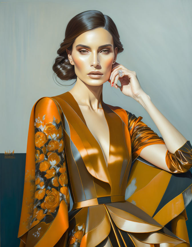 Stylized portrait of woman in orange dress with floral and geometric patterns