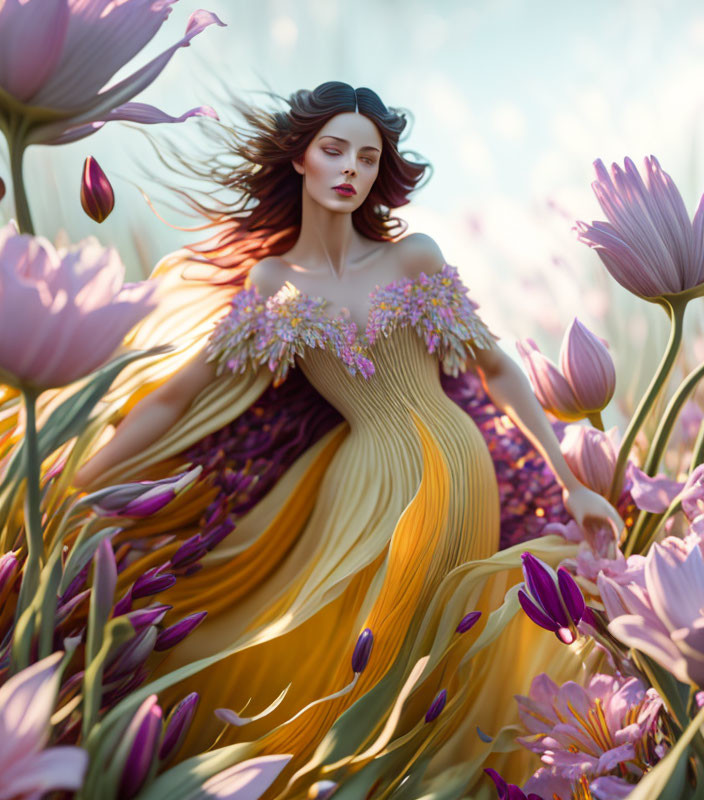 Digital artwork: Woman with flowing hair in petal dress among blooming flowers