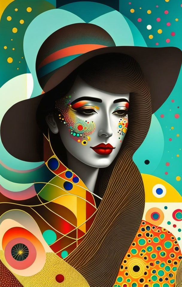 Colorful Woman Illustration with Wide-Brimmed Hat on Abstract Background