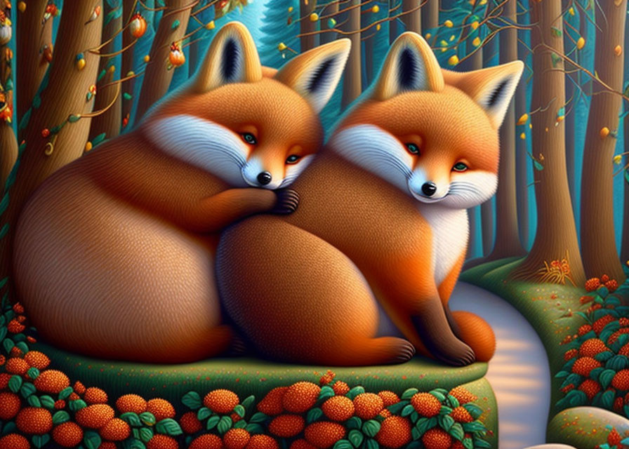 Stylized foxes cuddle in autumnal forest with orange leaves.