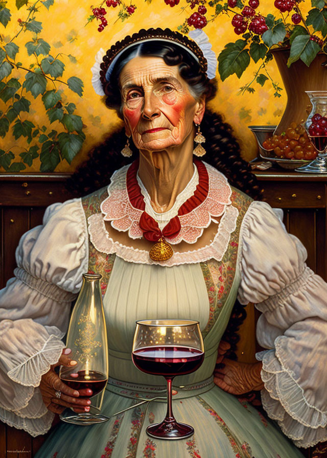 Elderly woman in vintage dress with red wine glass in grapevine setting