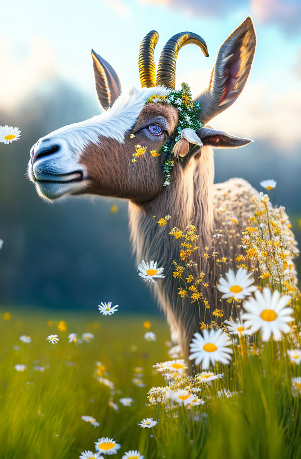 Majestic goat with large horns in a field of daisies