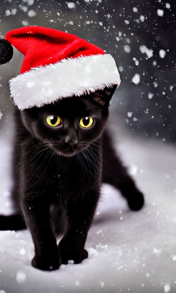 Black Cat with Yellow Eyes in Santa Hat Walking in Snowfall