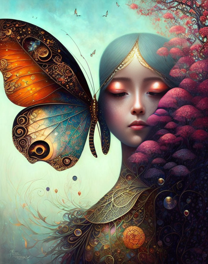 Artistic portrayal of woman with butterfly wing and intricate patterns in serene setting