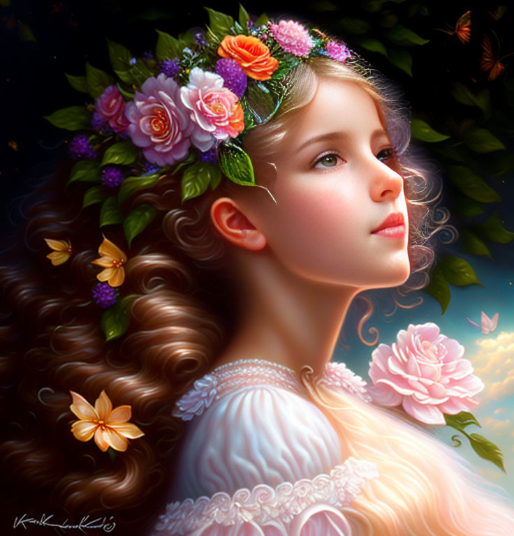 Girl with Floral Wreath and Butterflies in White Dress