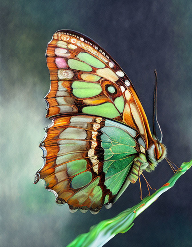 Colorful Butterfly with Green, Orange, and Black Patterns on Wings resting on Green Stem