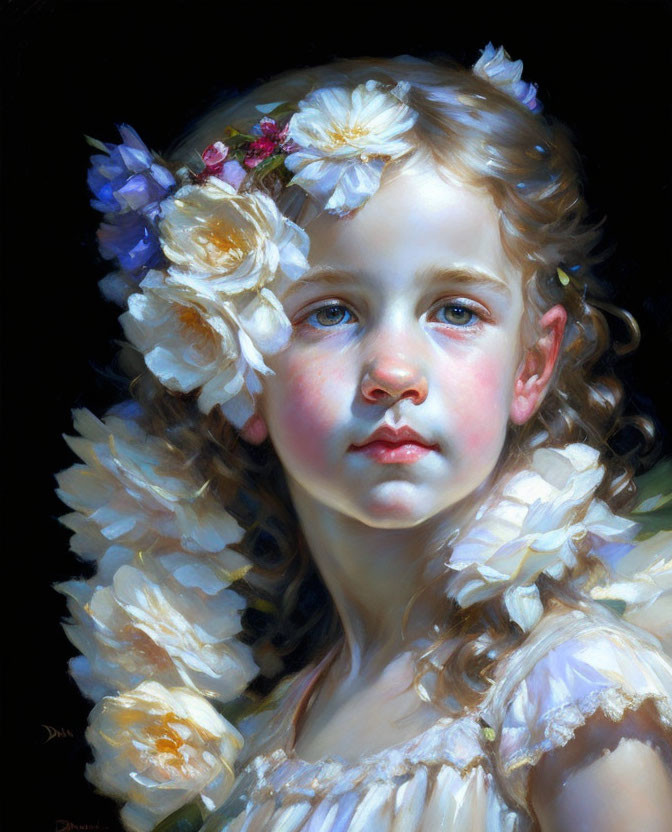 Serene young girl portrait with white and yellow flowers on dark background