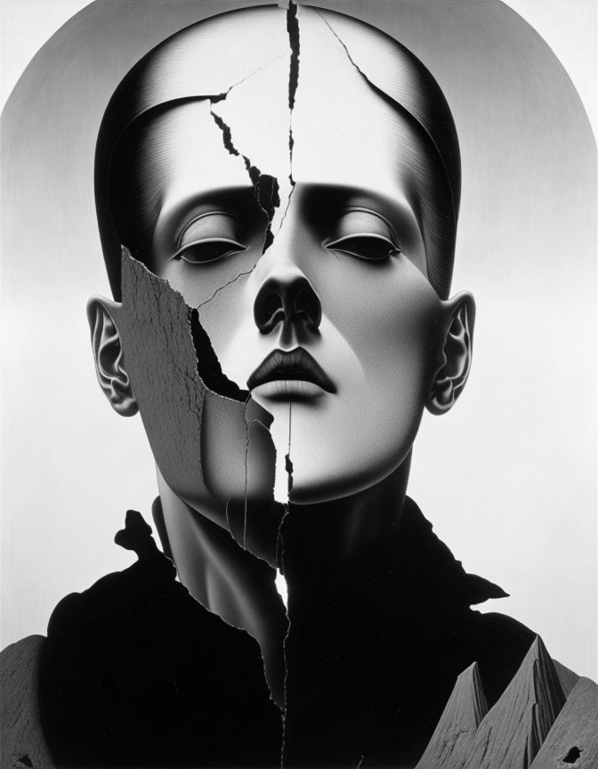 Monochromatic image of cracked face on human figure