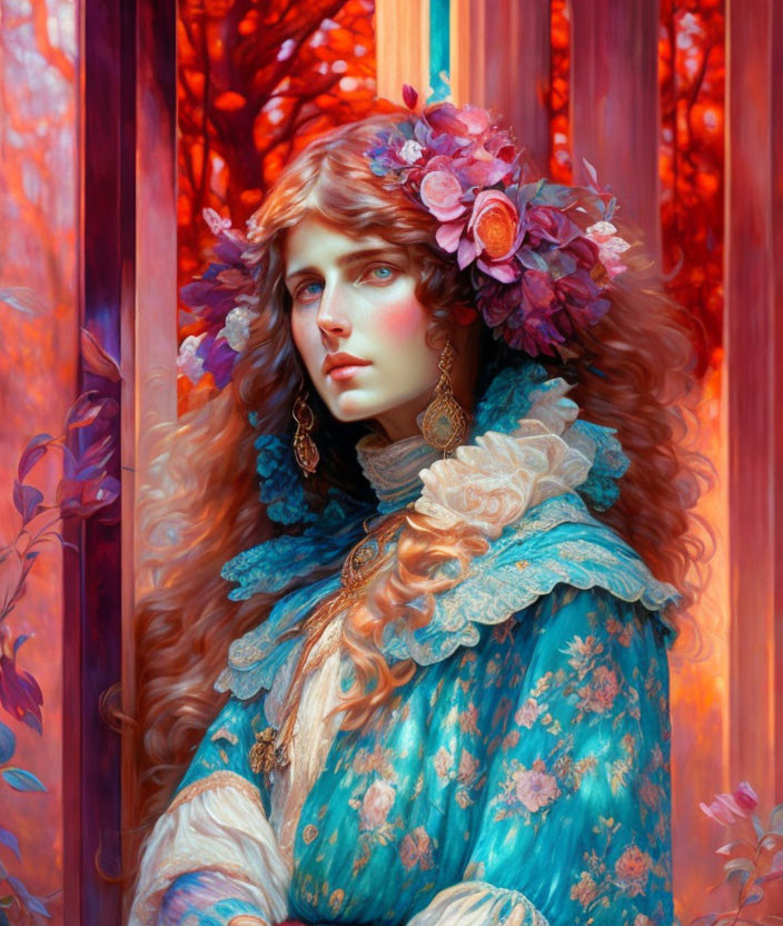 Digital artwork: Woman with red hair and floral headpiece in vibrant red foliage setting