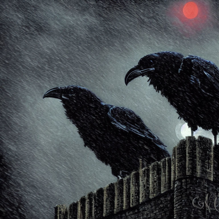 Two ravens on fence under gloomy sky with rain and distant red light