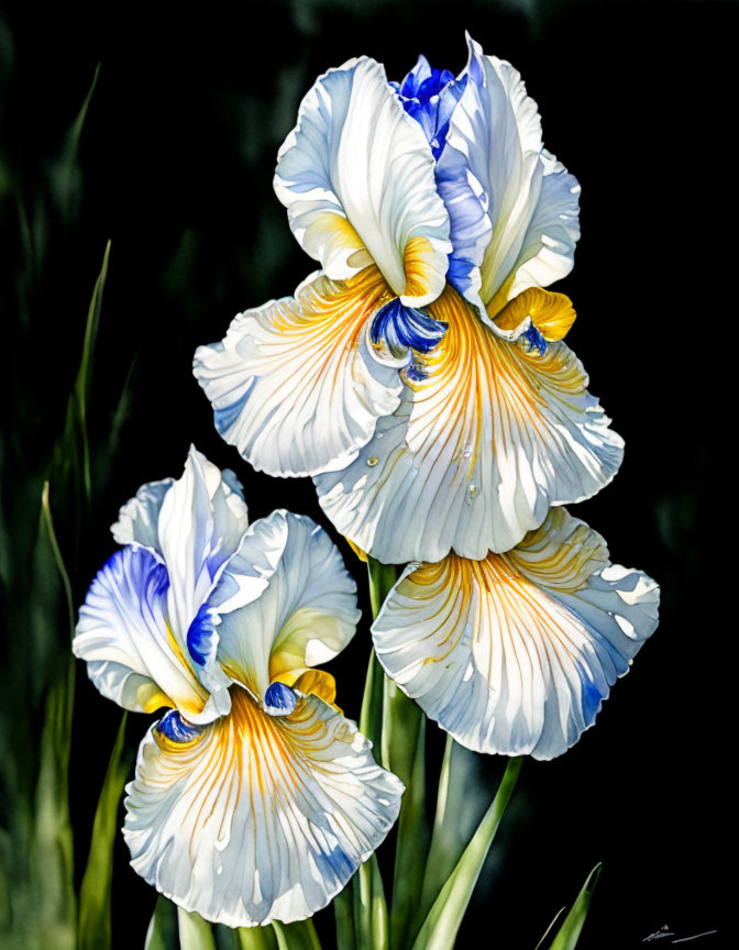 Realistic Painting of White and Blue Irises on Dark Background