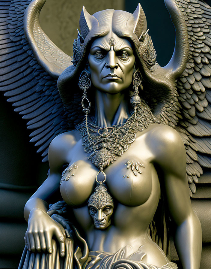 Winged, horned female fantasy figure with intricate jewelry and mask