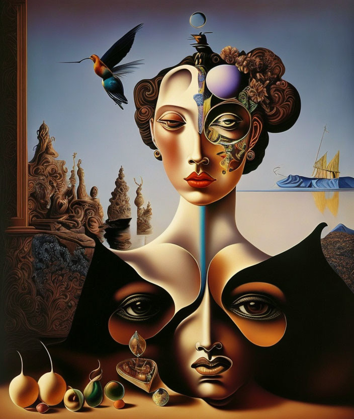 Surrealist painting: Woman's face fracturing into layers with desert landscape and ship