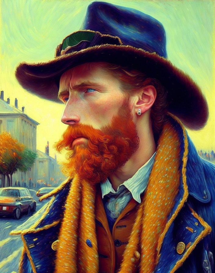 Bearded Man in Blue Hat and Orange Scarf in Van Gogh Style