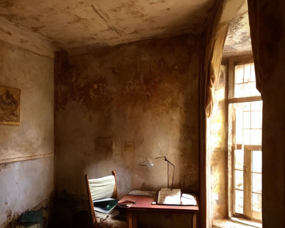 Weathered room with wooden desk, chair, lamp, and window with sheer curtains