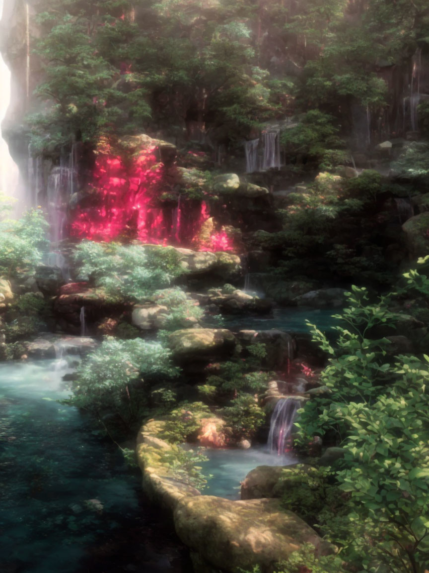 Enchanting forest waterfall in pink light