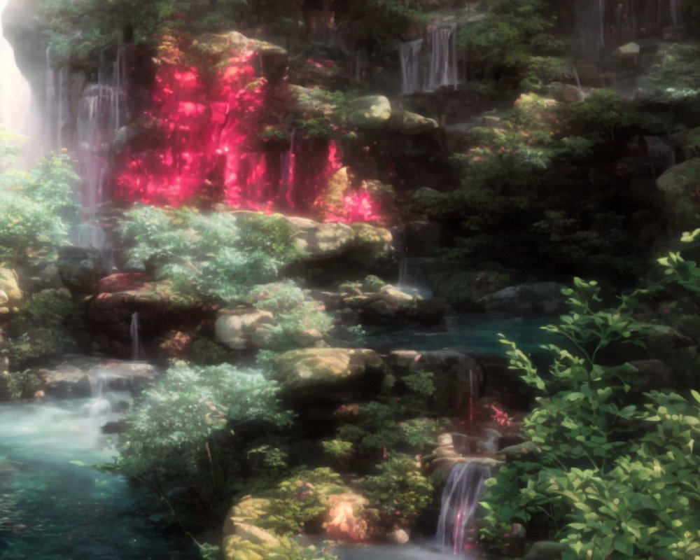 Enchanting forest waterfall in pink light