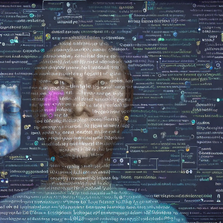 Collage of Code Snippets with Digital Human Head Silhouette