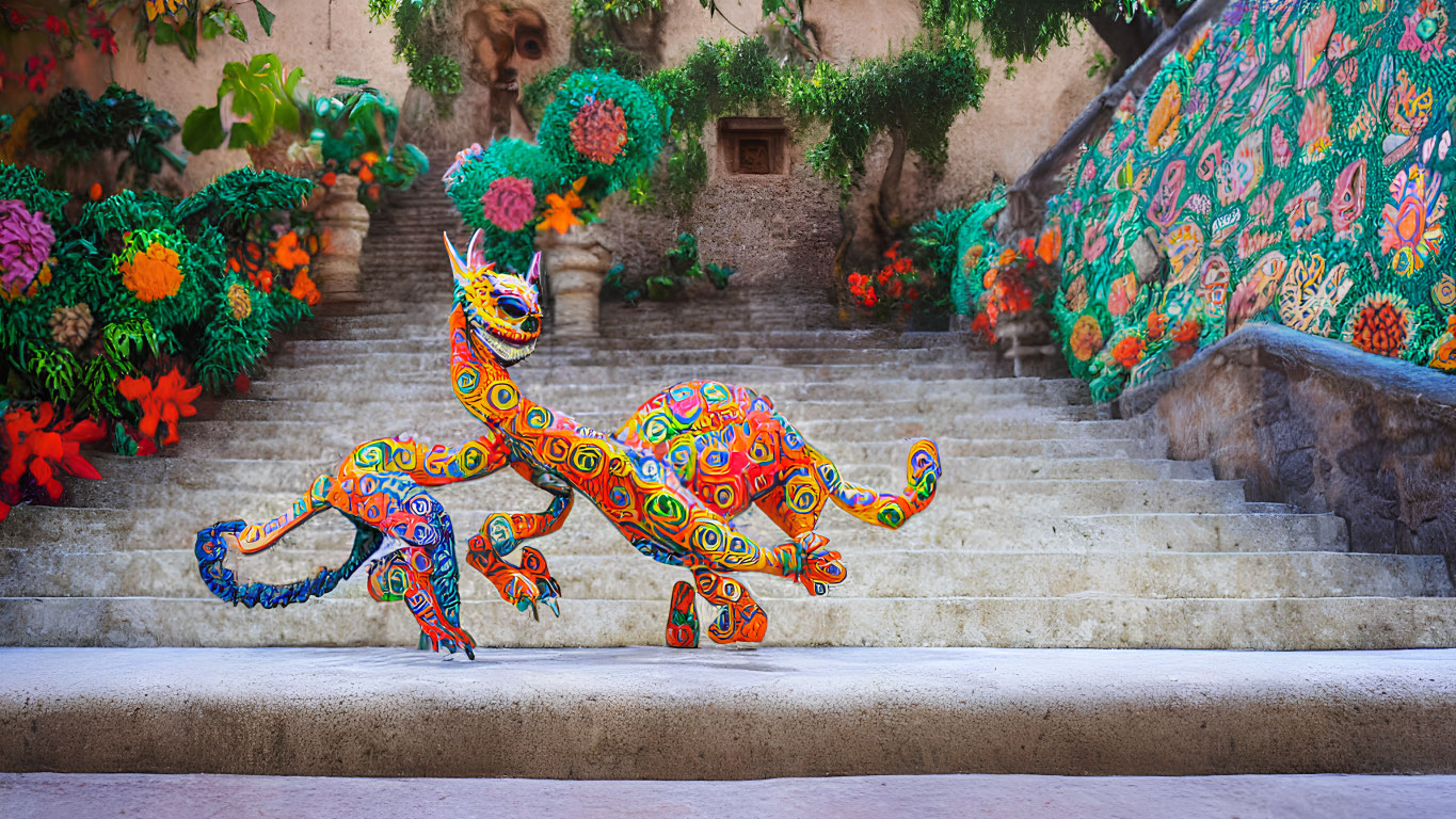 Vibrant alebrije sculpture with intricate patterns on stairway among flowers