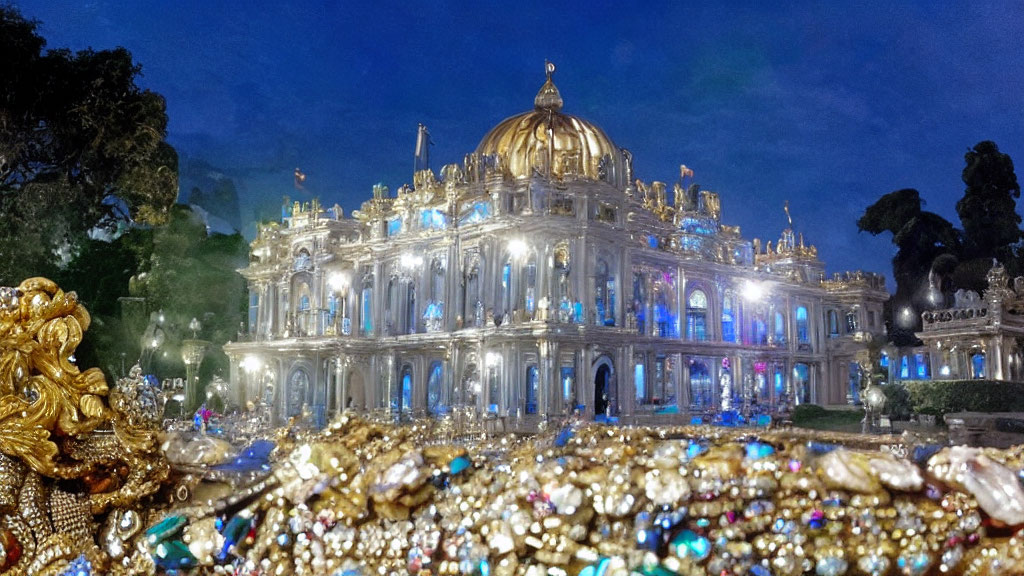 Grand Building with Golden Dome Illuminated at Night Amid Sparkling Jewelry