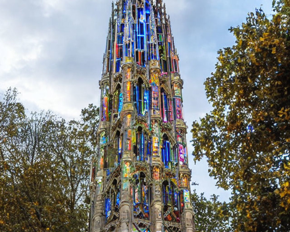 Colorful Stained Glass Tower Surrounded by Autumn Trees