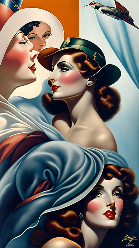 Stylized vintage women's portraits with 1930s-40s fashion and elegant hats,