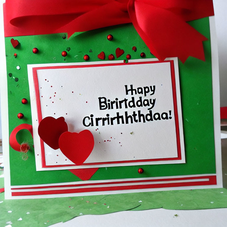 Handmade Birthday Card with Misspelled Greeting & Red Hearts