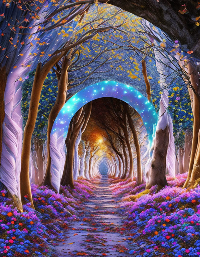 Enchanted forest path with glowing lights, colorful flowers, and mystical tunnel