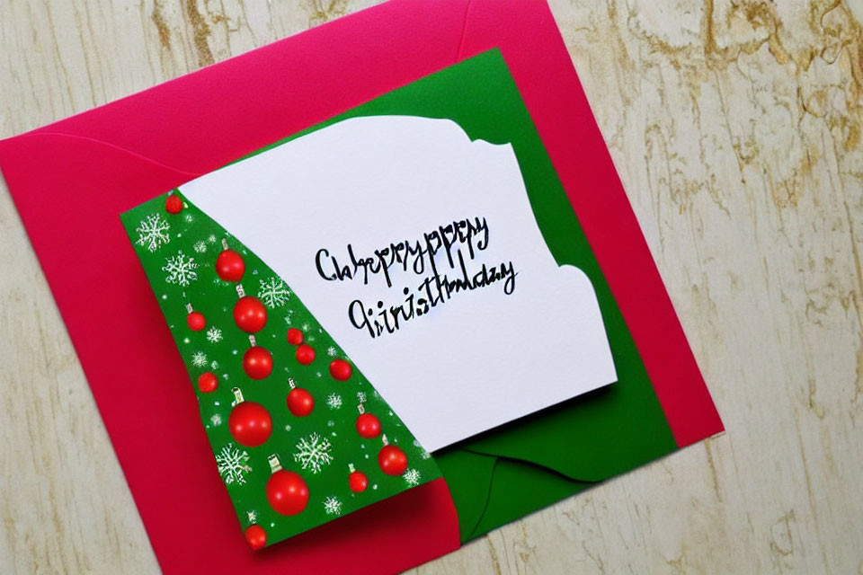 Festive Christmas greeting card in red envelope on wooden surface