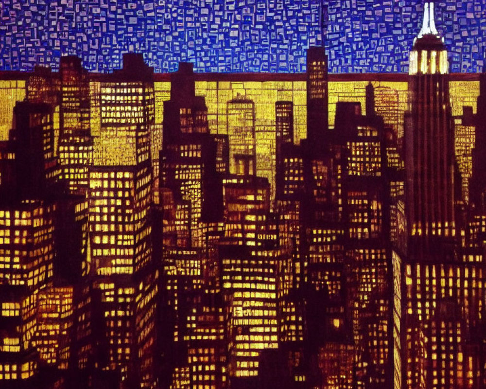 City skyline silhouette with binary code pattern and illuminated building.