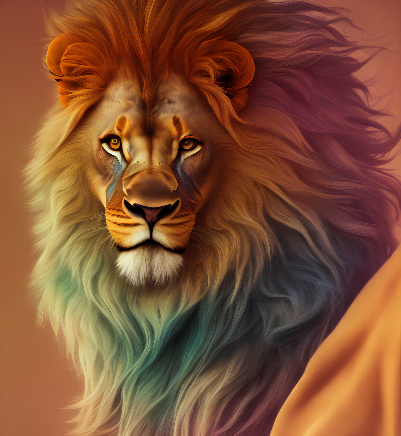 Colorful Digital Painting of Lion with Flowing Mane in Orange, Blue, and Purple