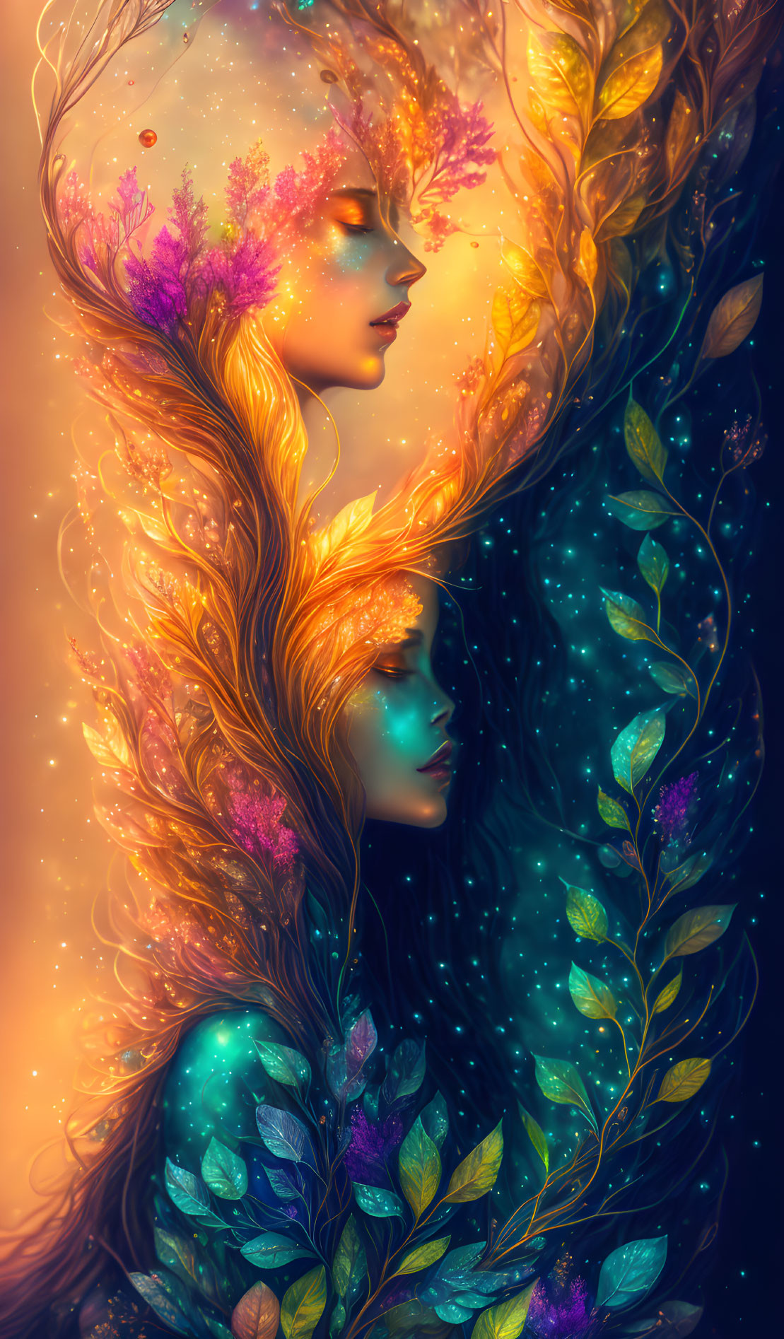 Ethereal figures with intertwined hair and glowing leaves in golden and cool blue light.