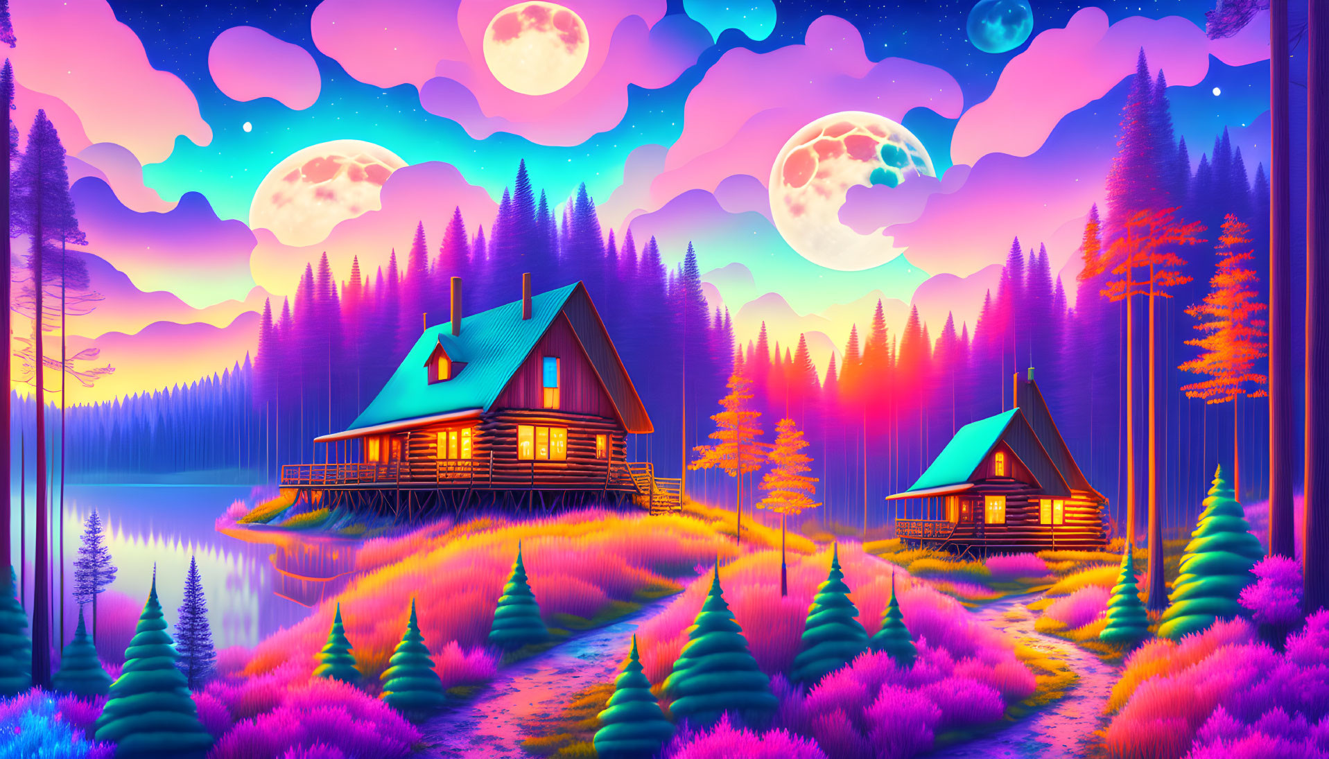 Digital Art: Two Cabins by Neon-Lit Lake