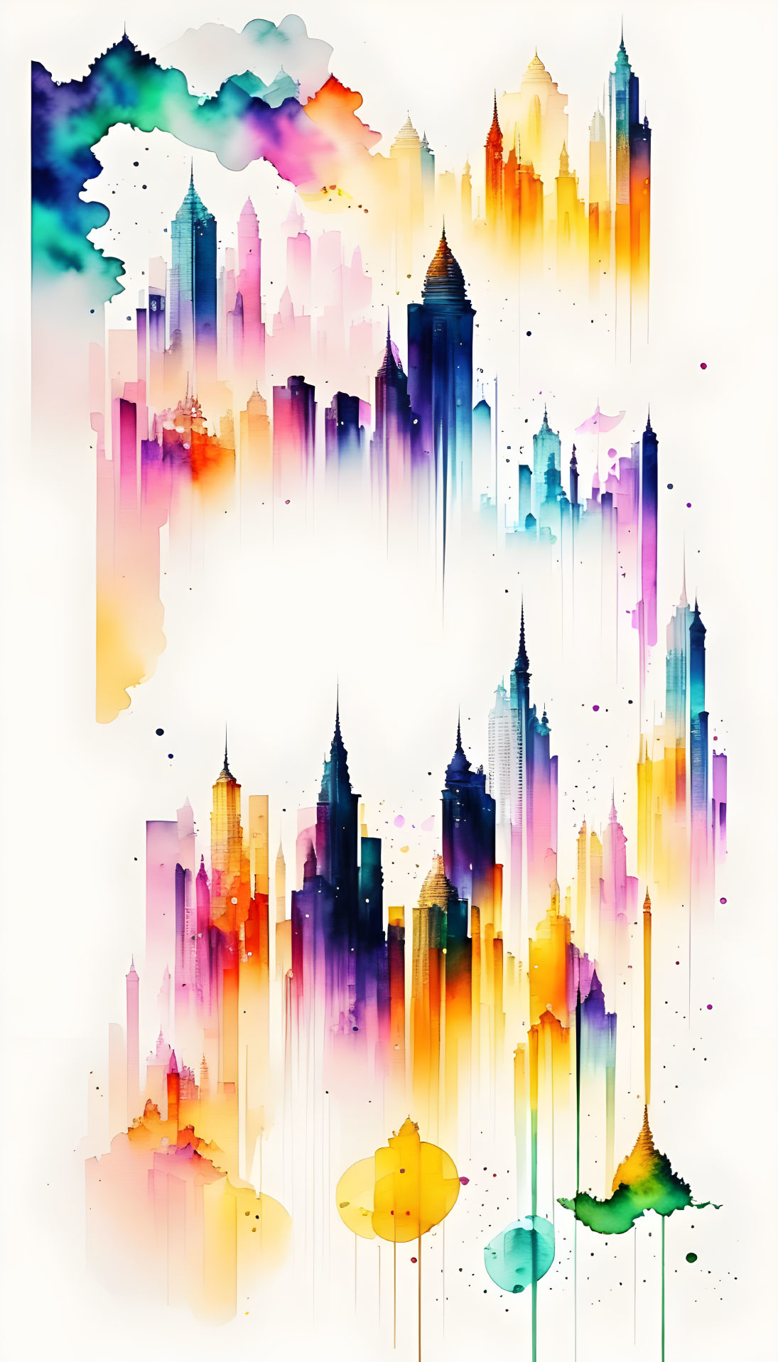 Colorful Abstract Watercolor Cityscape with Dripping Paint