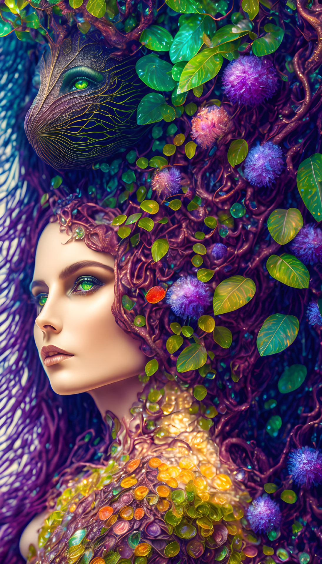 Vibrant nature elements in colorful woman portrait