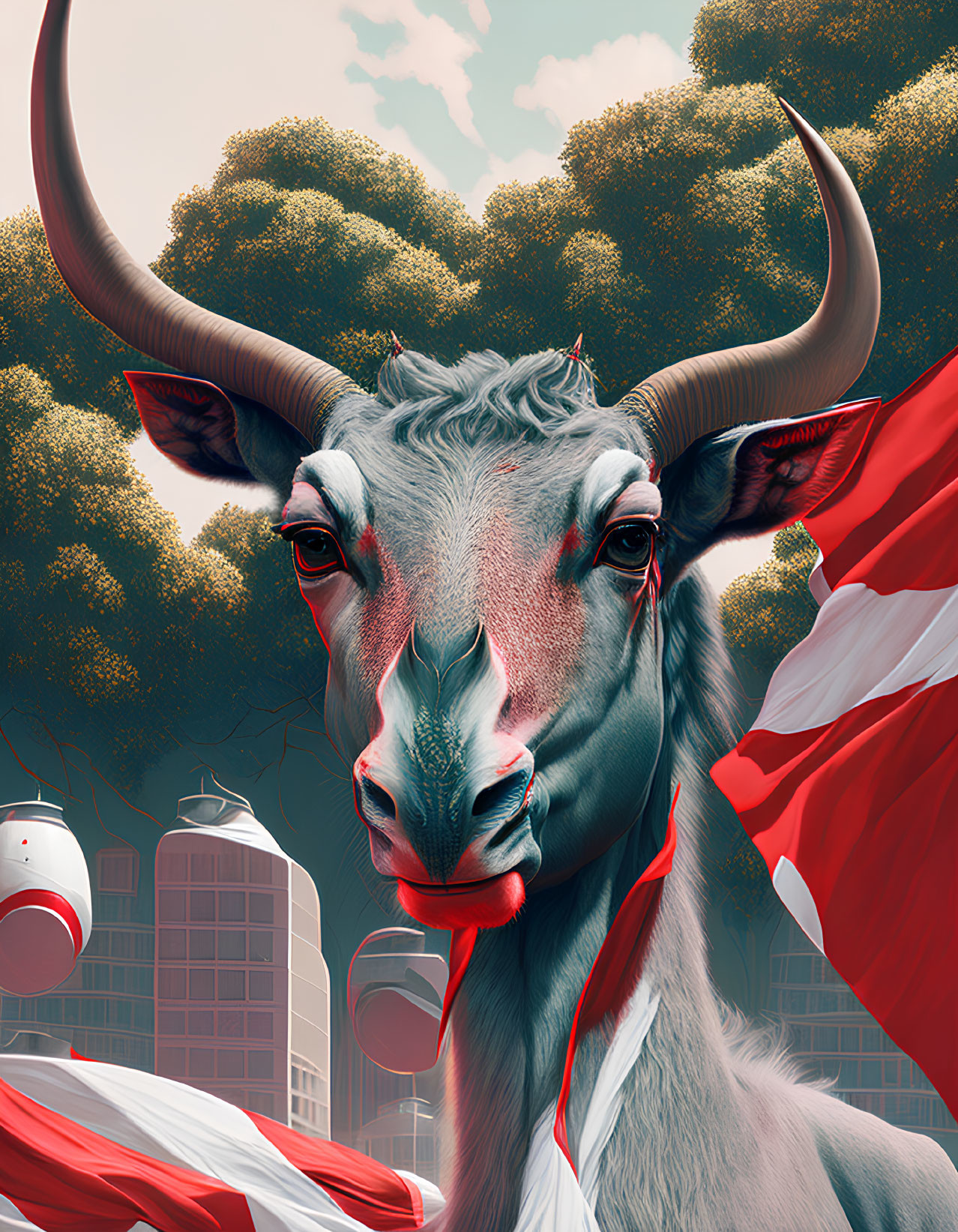 Stoic antelope with large curved horns in urban setting.