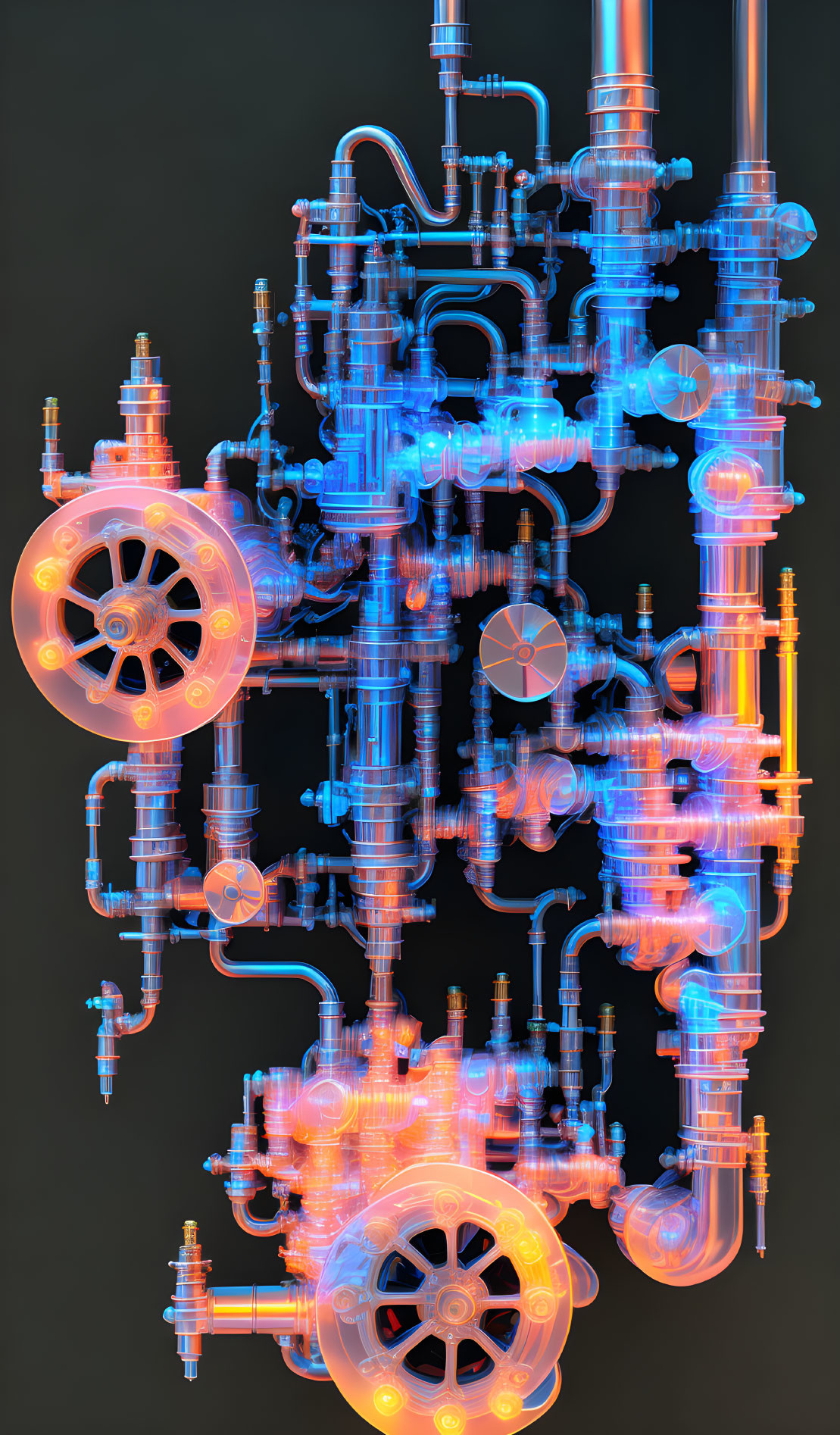 Intricate Glowing Neon Tubes and Valves on Dark Background