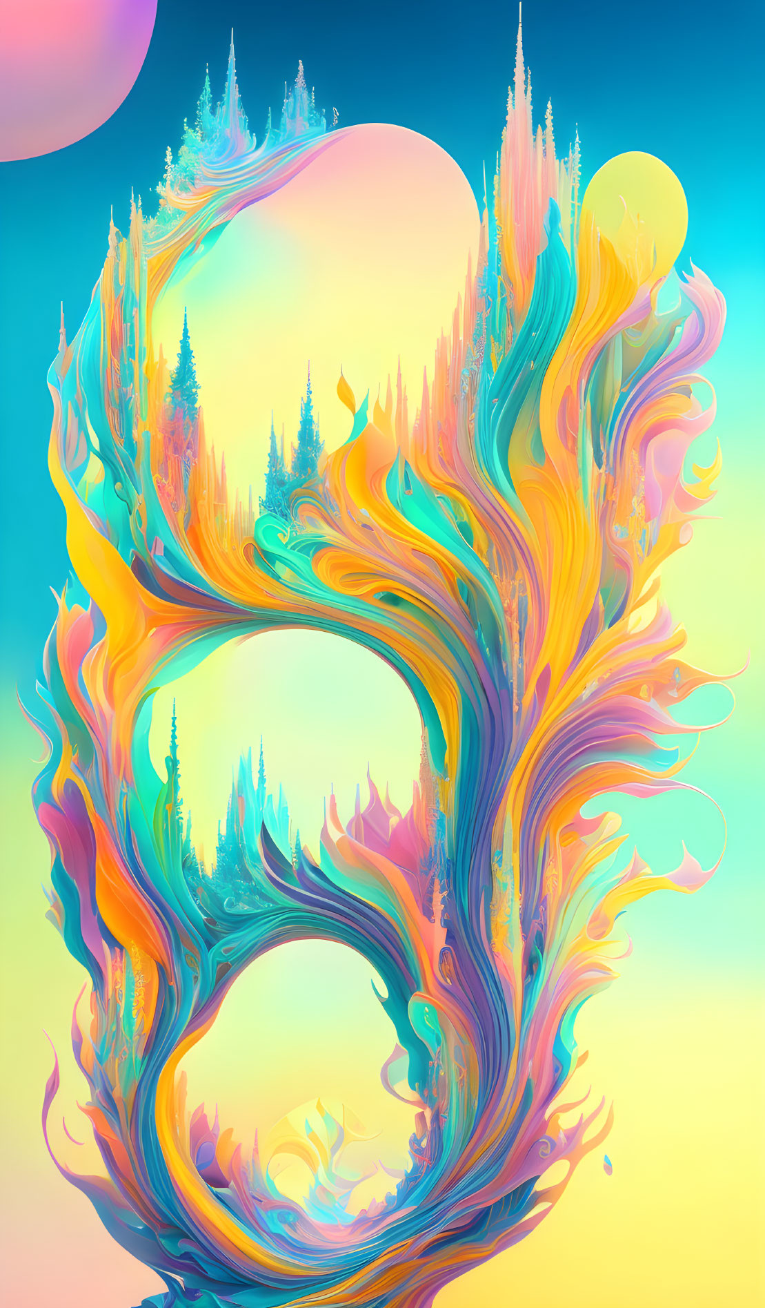 Colorful Surreal Landscape with Looping Trees in Pastel Sky