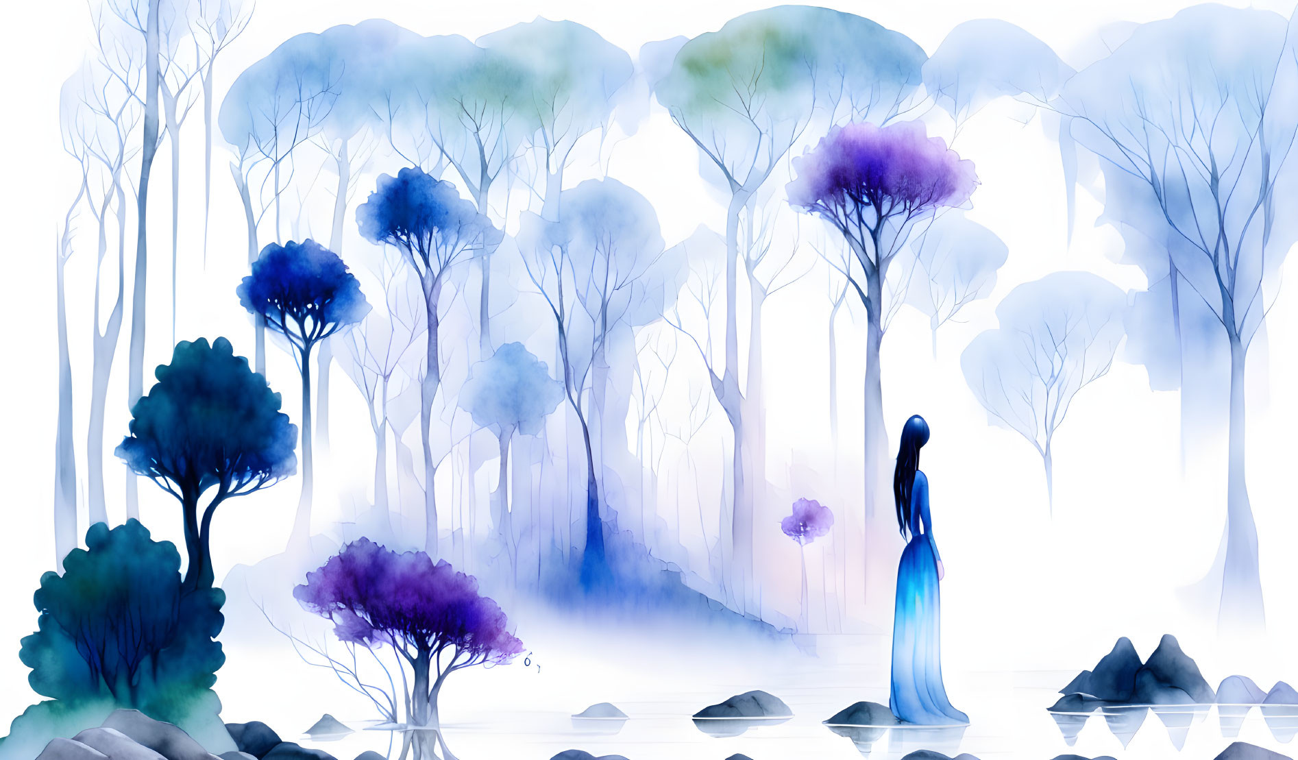 Mystical forest watercolor painting with female figure in blue tones