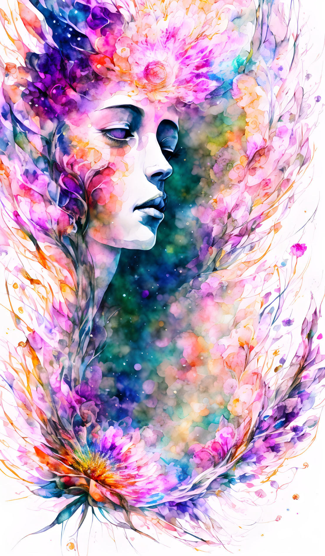 Colorful Watercolor Illustration: Serene Face with Cosmic Floral Motif