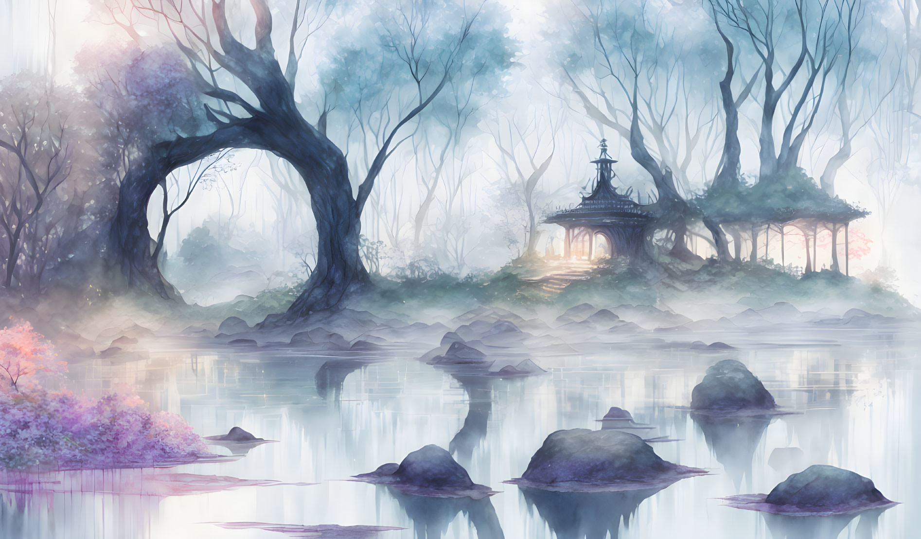 Misty waters, purple flora, gazebo, twisted trees in pastel scene