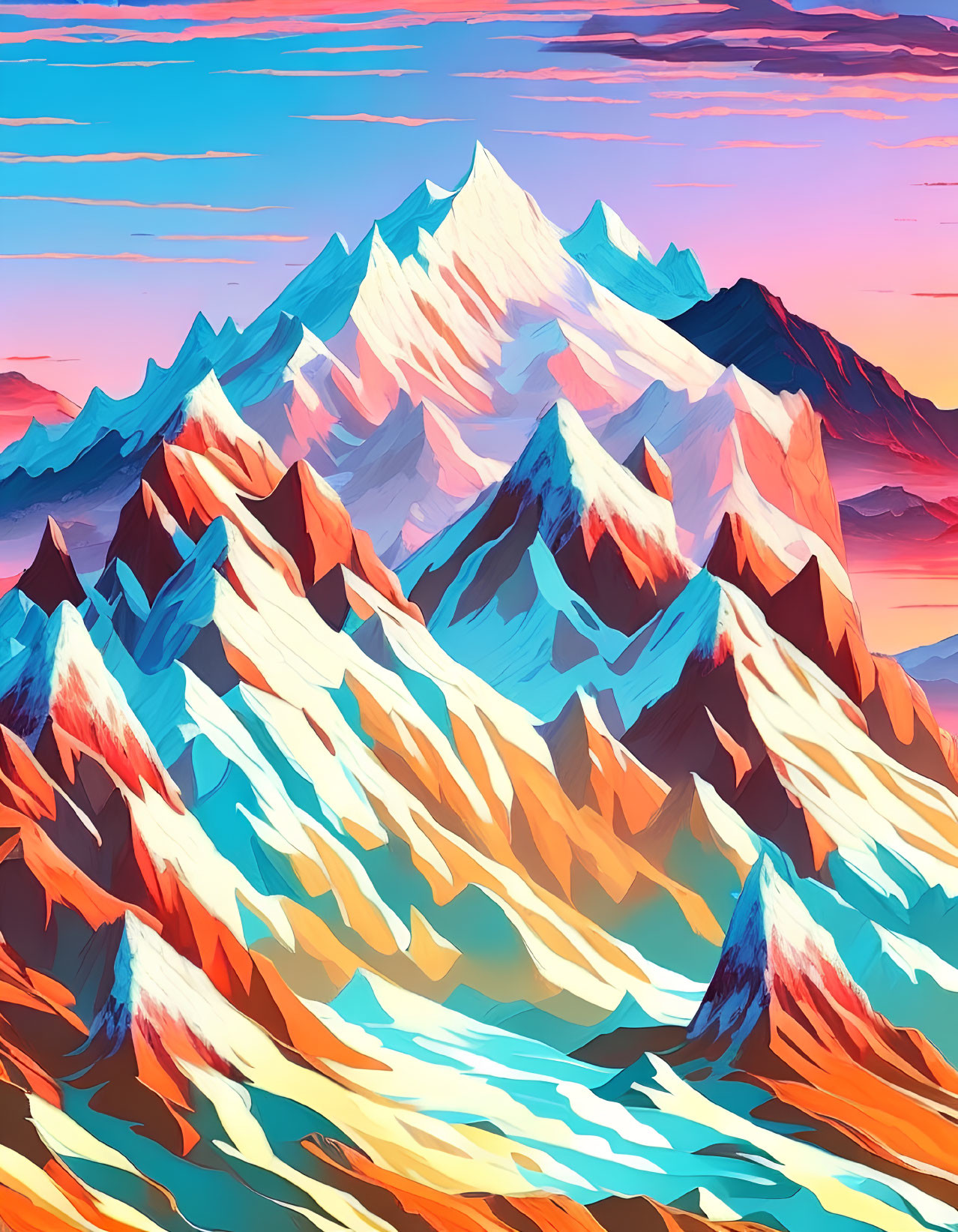 Colorful Mountain Range Artwork Featuring Blue, Orange, and White Peaks