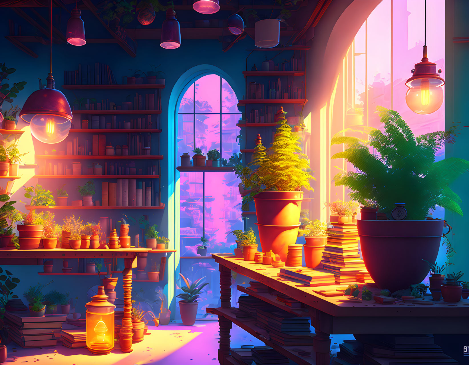 Brightly lit room with shelves of books, hanging lamps, green plants, and scenic view.