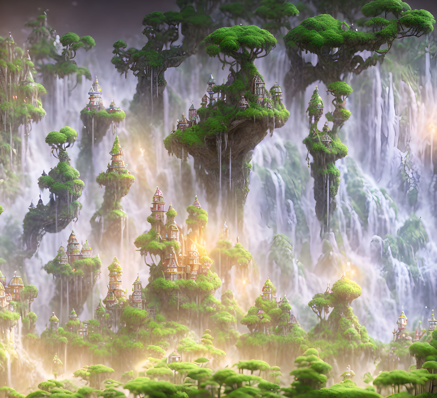 Fantasy landscape: floating islands, waterfalls, lush greenery, Asian-inspired architecture in misty