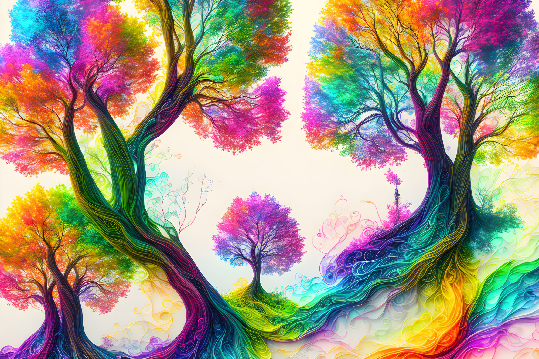 Colorful swirling tree branches against whimsical background